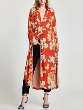 ZARA Rare Boho Floral Print Maxi Kimono Coral Duster Jacket w/ Pockets Size S/M